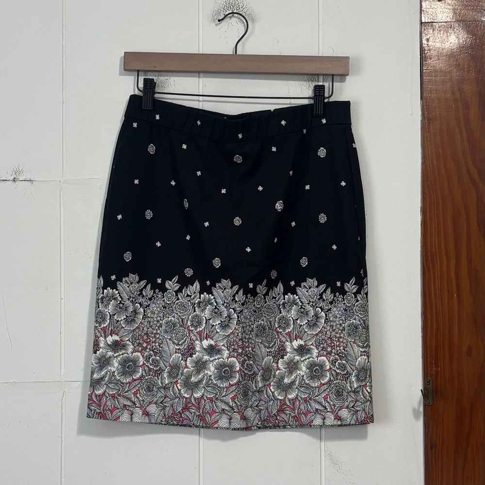 J. Jill Womens Black Floral Border Print Cotton Blend Pencil Skirt Size 4 NWT